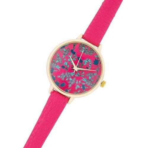 Gold Watch With Floral Print Dial