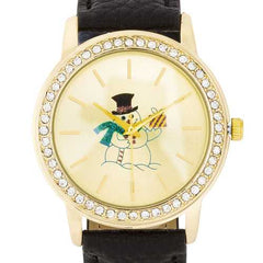 Gold Snowman Crystal Watch With Black Leather Strap