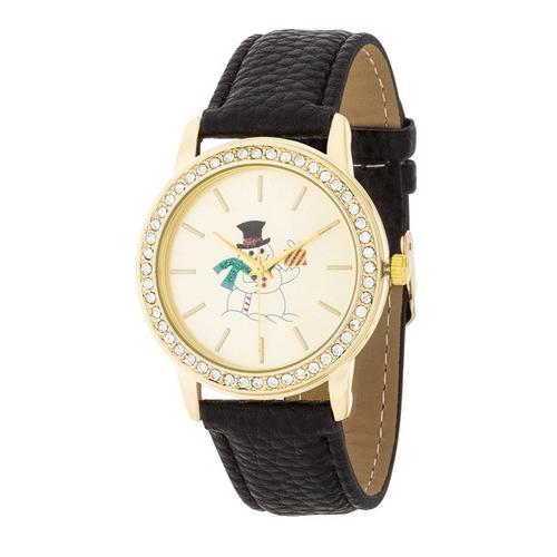 Gold Snowman Crystal Watch With Black Leather Strap