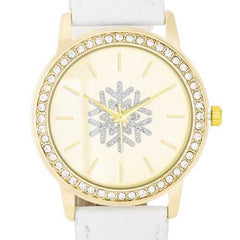 Gold Snowflake Crystal Watch With White Leather Strap