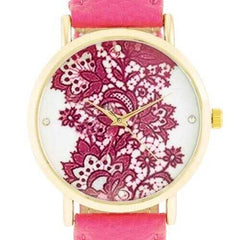 Gold Watch With Floral Print Dial