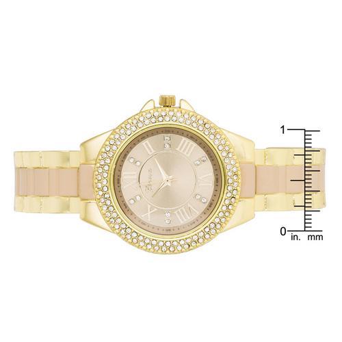 Gold Metal Cuff Watch With Crystals - Beige