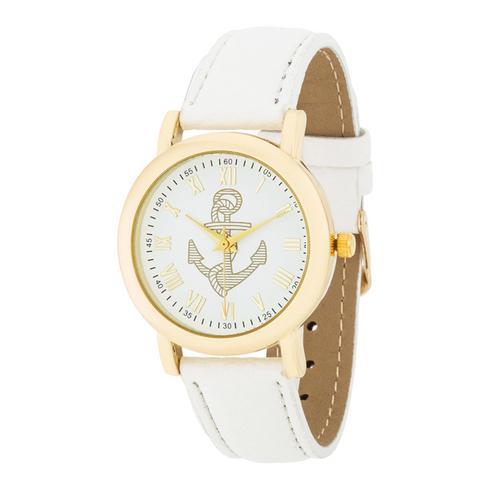 Natalie Gold Nautical Watch With White Leather Band