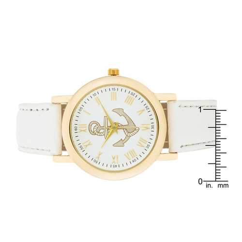 Natalie Gold Nautical Watch With White Leather Band