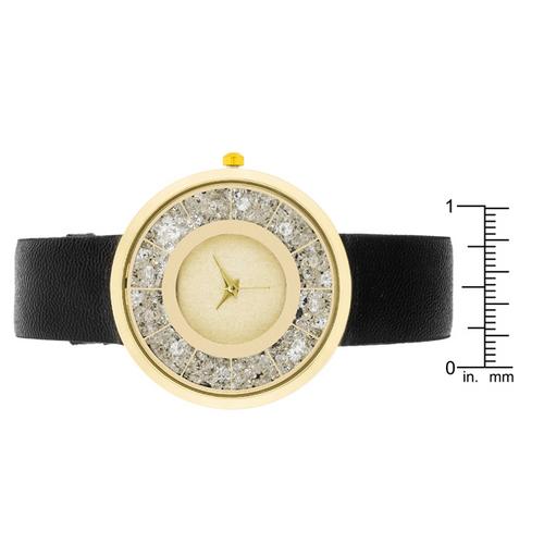 Gold Black Leather Watch With Crystals