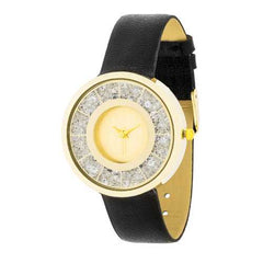 Gold Black Leather Watch With Crystals