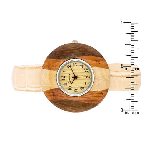 Brenna Beige Wood Inspired Leather Cuff Watch