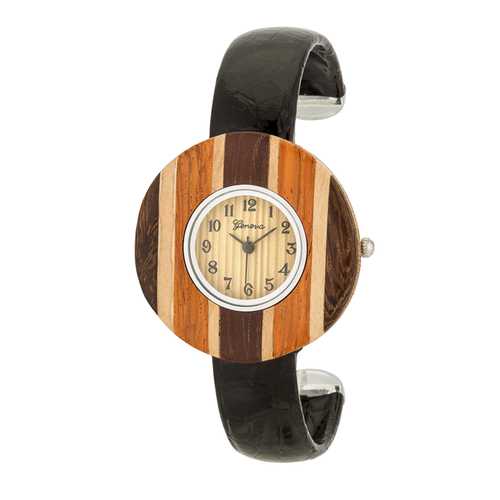 Brenna Black Wood Inspired Leather Cuff Watch